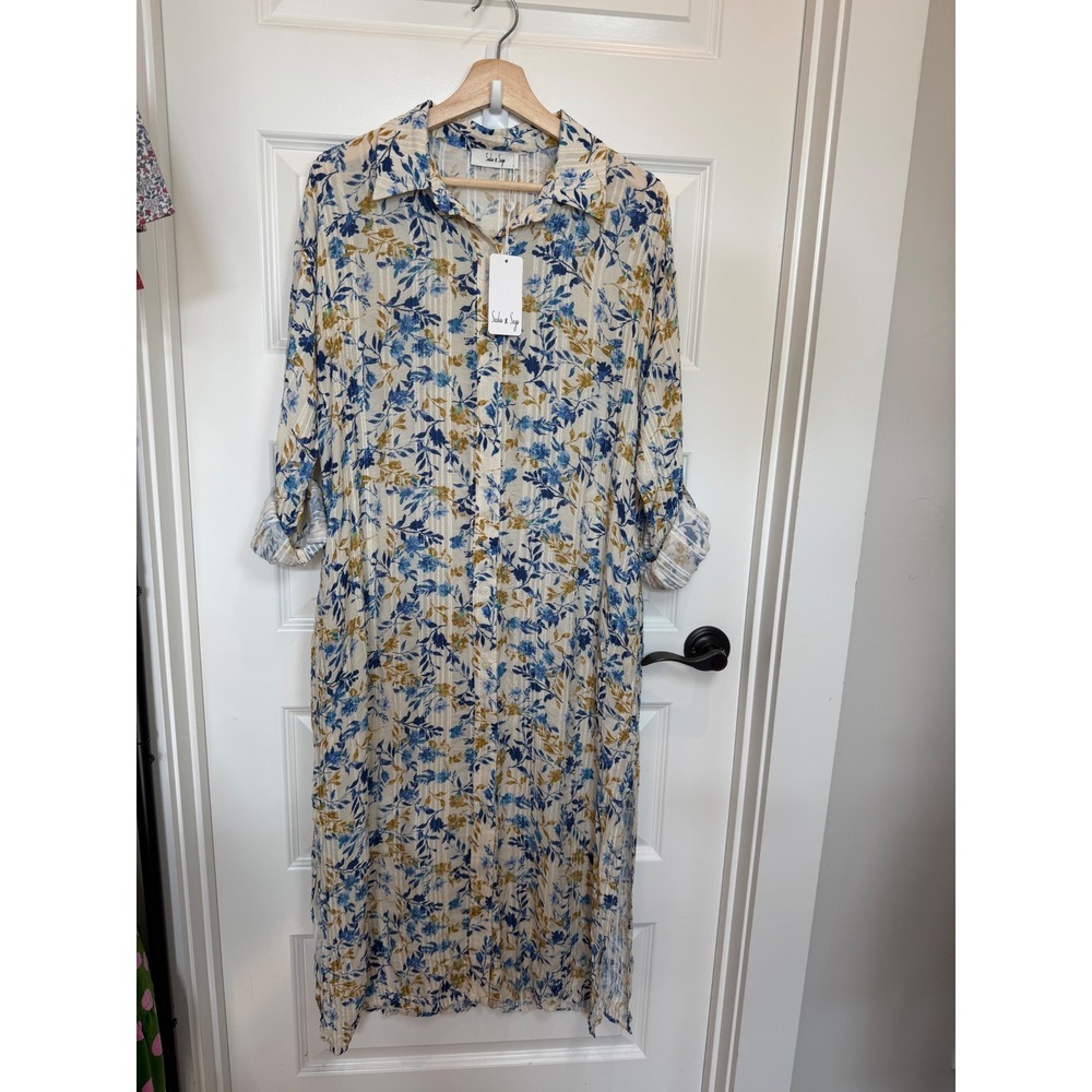 Sadie & Sage Women Blue Mustard Floral Button Front Midi Shirt Dress size S NEW